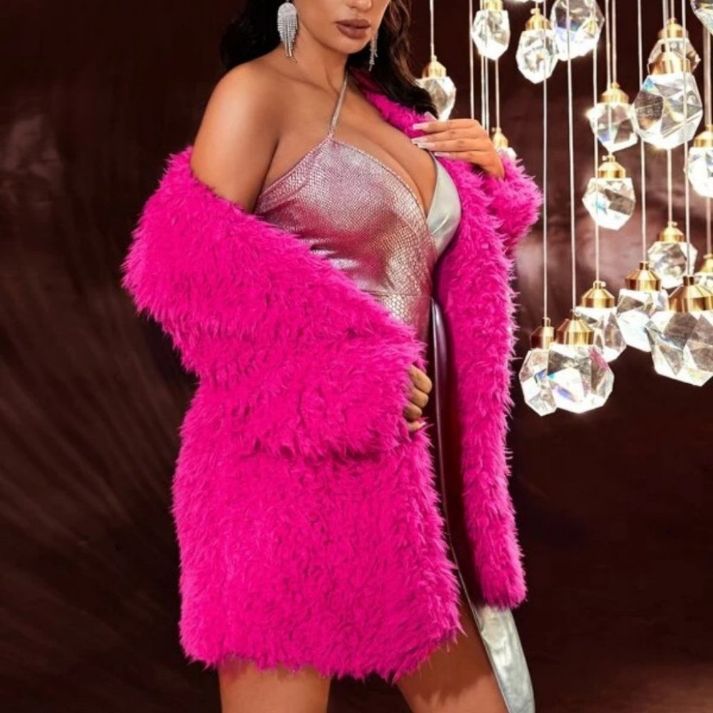 RESTOCK! Faux Fur Open Front coat Jacket Pink - Picture 5 of 9
